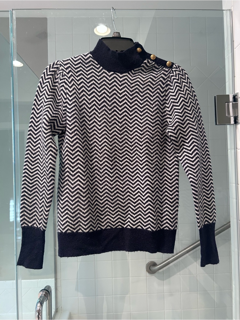 J. Crew Navy & White Chevron Button-Shoulder Turtleneck Sweater